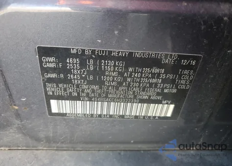 2017 Subaru Outback 2.5I Limited из США, поврежденный, VIN 4S4BSAKC6H3322390